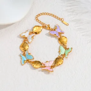 Elegant 18k gold plated bracelet with colorful enamel butterflies and gold heart charms
