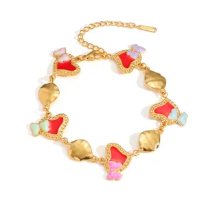 French style colorful enamel heart and butterfly charm bracelet in 18k gold plating