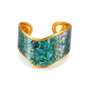 Luxurious 18k gold plated wide cuff bracelet featuring colorful iridescent shell inlay