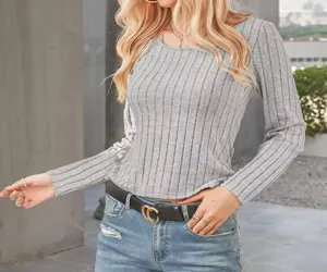 Grey ribbed long sleeve knit top for women, slim fit casual sweater base layer detail shot.