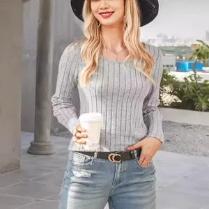 Women's Casual Long Sleeve Knit Sweater Solid Color Ribbed Slim Fit Pullover Basic Round Neck Base Layer Top