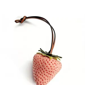Large 3D strawberry bag charm pendant with brown leather strap for women fashion style