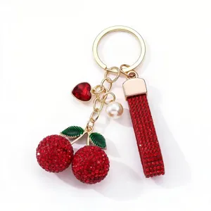 Portachiavi ciliegia in strass di cristallo con ciondolo a cuore e perla per borsa.