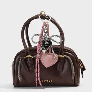 Brown handbag with pink ribbon beaded bow heart keychain stylish daily shoulder bag accessory