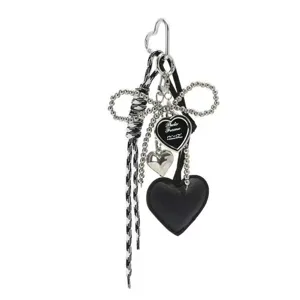 Y2K Black and White Heart Beaded Bow Keychain Bag Charm Aesthetic Bag Hanging Accessory
