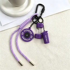 Purple fitness keychain bag charm, mini dumbbell barbell plate shaker bottle pendant accessories.