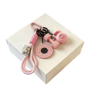 Pink fitness keychain cute sports bag charm dumbbell kettlebell pendant stylish key ring accessory
