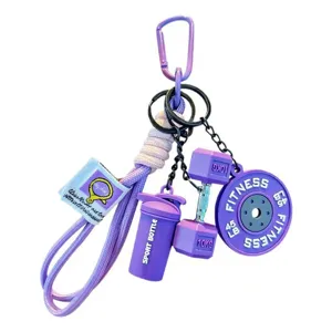 Purple fitness keychain bag charm, mini dumbbell and barbell plate pendant for bags 16cm
