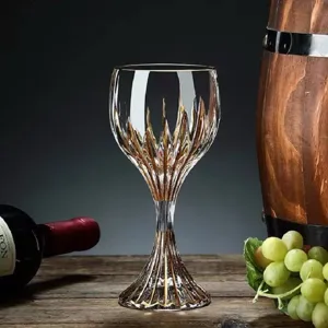Exquisite crystal diamond goblet detail, luxury gold-trimmed wine glass with vintage texture.