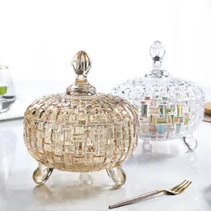 Bonbonnière en verre cristal avec couvercle, design tissé style européen bol de fruits.