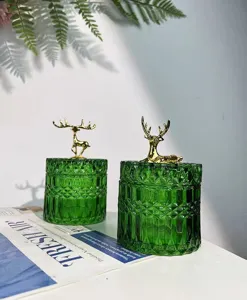 Green glass toothpick holder with gold deer lid luxury Nordic cotton swab storage jar detail
