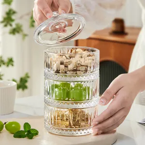 Eleganter 3-stöckiger stapelbarer Kristallglas-Bonbonglasbehälter mit Deckel für Snacks