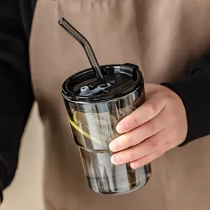 Tazza da Caffè in Vetro Sodico-Calcico Resistente al Calore Impilabile a Forma di Bambù Con Coperchio Cannuccia Custodia Protettiva