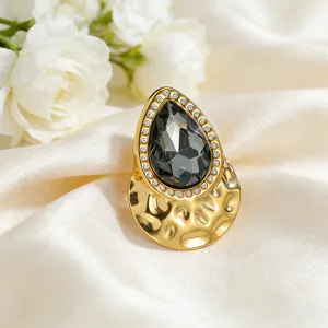 Elegant water drop zircon brooch with hammered gold finish stainless steel