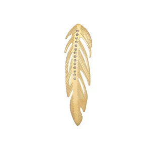 Elegant minimalist gold feather brooch with crystals for women, stainless steel accessory