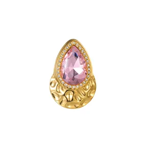 Luxury waterdrop pink zircon brooch with hammered gold finish stainless steel design