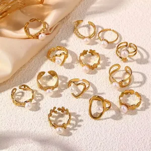 Minimalistische Geometrische Linie Edelstahl Offener Ring Für Damen Nischen-Design Vergoldet Künstliche Perle Verstellbarer Mode Fingerring