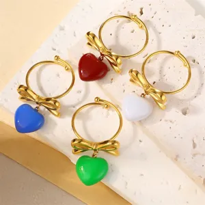 Sweet Stainless Steel Heart Bowknot Jewelry Set Gold Plated Drip Enamel Earrings Open Ring Fashion Jewelry For Women Party Daily Accessories