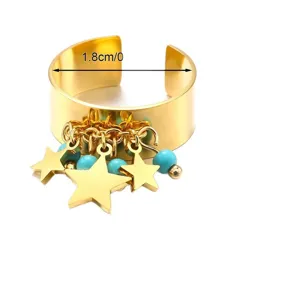 Offener Ring aus 18k vergoldetem Edelstahl mit Sternanhängern und Türkisperlen
