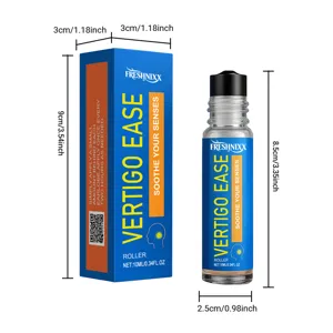 Detailed dimensions of 10ml Vertigo Ease roller bottle and blue outer packaging box