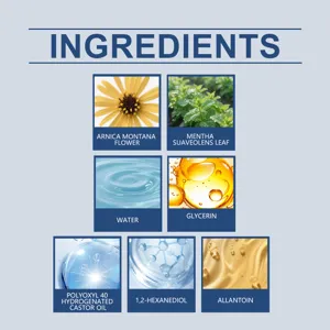Detailed list of natural ingredients including arnica and mentha for body care product