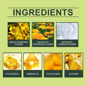 Detailed ingredient chart showing natural plant extracts, flower oils, and nourishing formula.