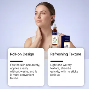 Vue détaillée de l'huile essentielle roll-on à la lavande Laniska au design doux.