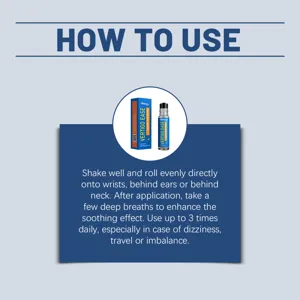 Detail showing how to use the Vertigo Ease essential oil roller ball for soothing effect.