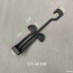 Black plastic flip-flop shoe hanger hook with dimension specs, durable retail display tool.