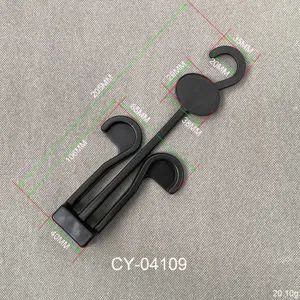 Detailed view of black plastic shoe hook dimension specification with precise measurement marks.
