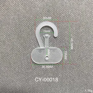 Technical drawing showing detailed dimensions of transparent plastic snap hook for bags
