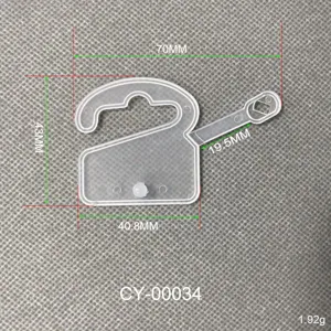 Technical drawing of a plastic packaging hook with dimensions 70x43mm and weight 1.92g