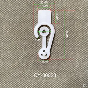 Detailed dimensions of white plastic snap hook for packaging bags, model CY-00028