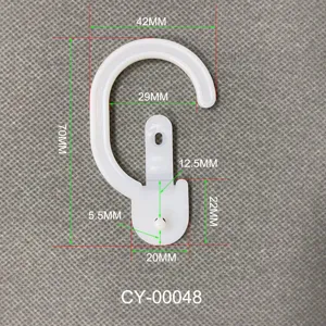 Technical detail view of a white plastic snap hook with precise dimensions in mm.