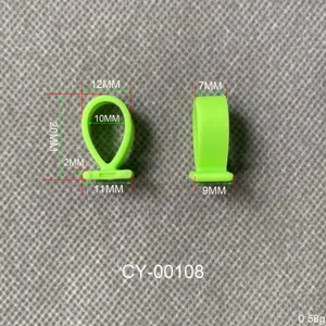 Macro view of neon green silicone handle hooks showing detailed dimensions and measurements
