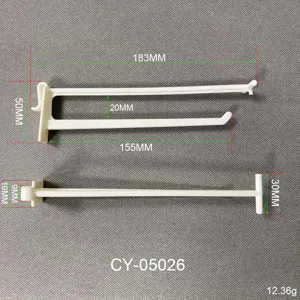 Detaillierte technische Maße für den weißen ABS Doppelstock-Displayhaken für Lochwände