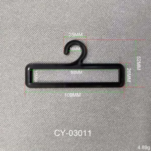 Gedetailleerd maatschema van de zwarte plastic sjaalhanger met een open haakontwerp