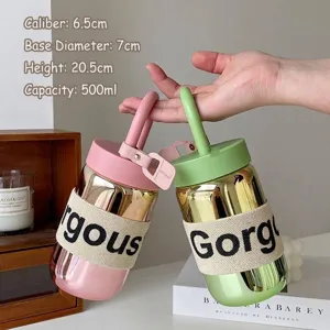 Bottiglia d'Acqua in Vetro Sfumato Stile Ins Con Manico Portatile e Custodia Protettiva in Maglia Bicchiere in Vetro Borosilicato Resistente al Calore per Donna Ufficio Viaggio