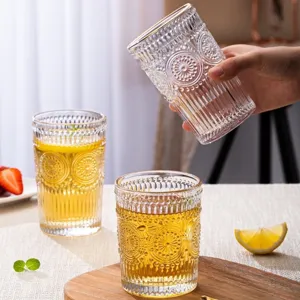 Vintage Sunflower Relief Glass Cup With Gold Rim Glacier Texture Transparent Juice Water Glass For Restaurant Home Drinkware