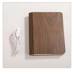 Lampada notturna a forma di libro in legno con cavo USB su sfondo bianco neutro