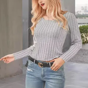Women's slim fit solid color ribbed long sleeve knit sweater top for autumn and daily wear.