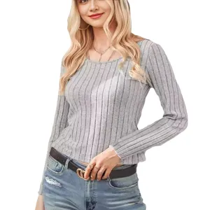 Solid color ribbed long sleeve slim fit knit top for women, casual basic pullover.