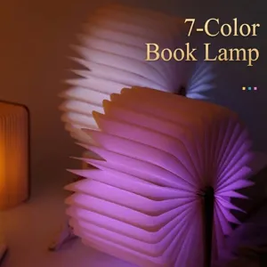 Lampada a Libro Pieghevole in Legno Creativa Luce Notturna a LED a Sette Colori Ricarica USB Lampada da Tavolo Atmosfera Decorativa per Camera da Letto