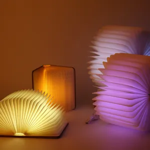 Lampada a libro a LED pieghevole con copertina in legno e luce USB a 7 colori