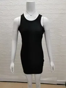 Front view of a sleek black ribbed sleeveless bodycon tank dress on a white mannequin.