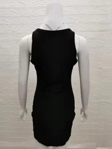 Detailed back view of a minimalist black sleeveless bodycon tank dress on a white mannequin