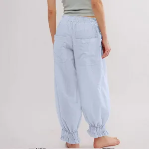 Light blue striped casual pants with elastic high waist, back pockets and cute ruffled cuffs.