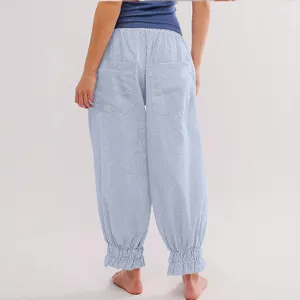 Blue and white striped loose casual pants with ruffled cuffs, high elastic waist and back pockets.