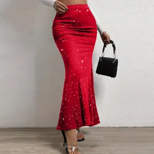 Red sequin mermaid skirt for women, high waist bodycon long fishtail party maxi skirt.