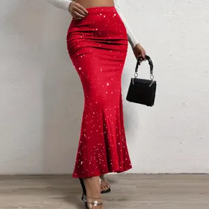 Red sequin fishtail midi skirt detail, elegant high waist bodycon skirt styling view.
